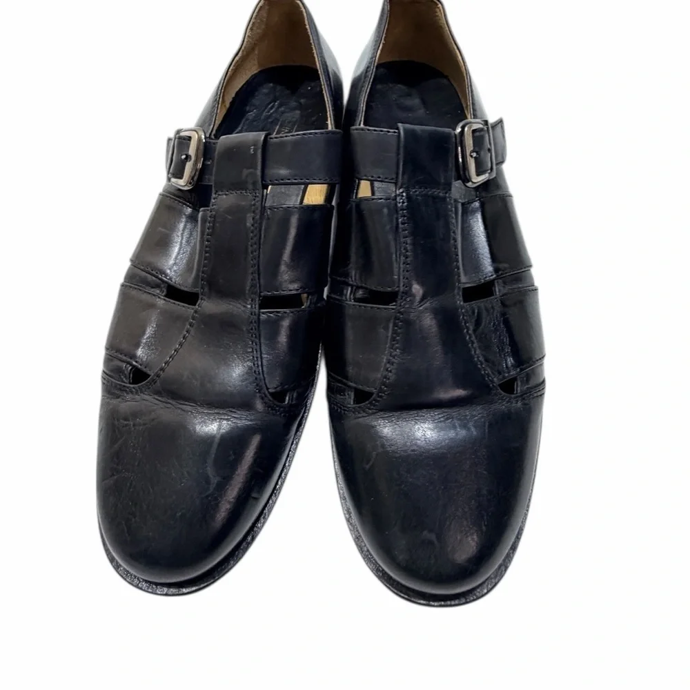 Johnston & Murphy Cellini Black Italian Leather Fisherman Buckle Shoes Size 10
